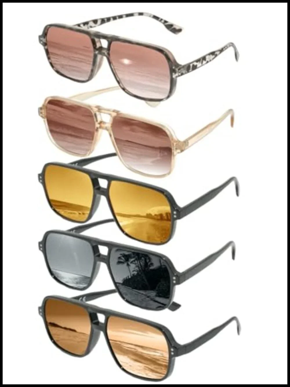 5 Pack Retro Double Bridge Aviator Sunglasses UV400 Protection Lightweight